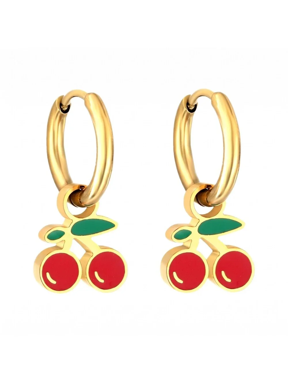 18K Gold Plated Stainless Steel Red Enamel Cherry Huggie Hoop Dangle Earrings
